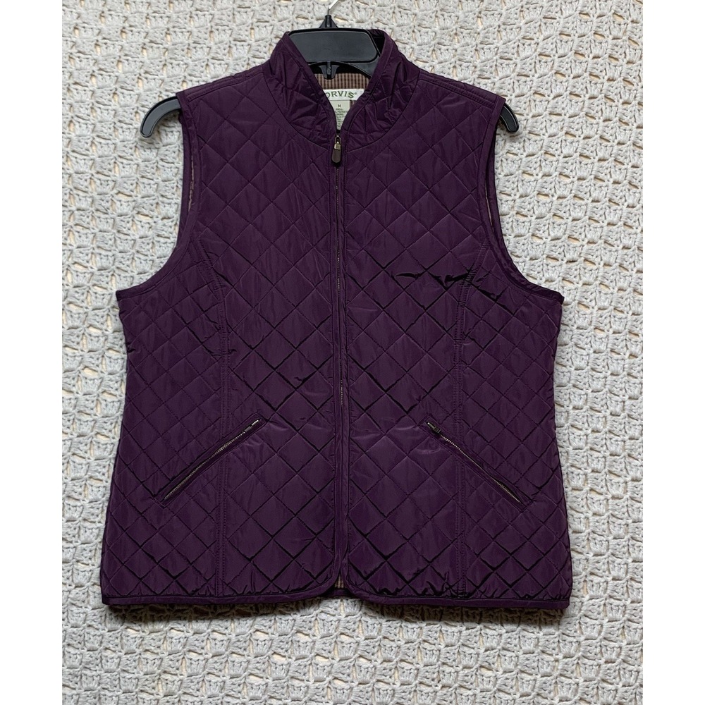 Orvis Puffer Vest Womens Size M Purple Full Zip Mock Neck Zip‎ Pockets Quilted